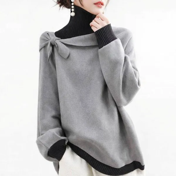 ニットセーターリボン結び長袖配色切り替えハイネック｜見逃し厳禁