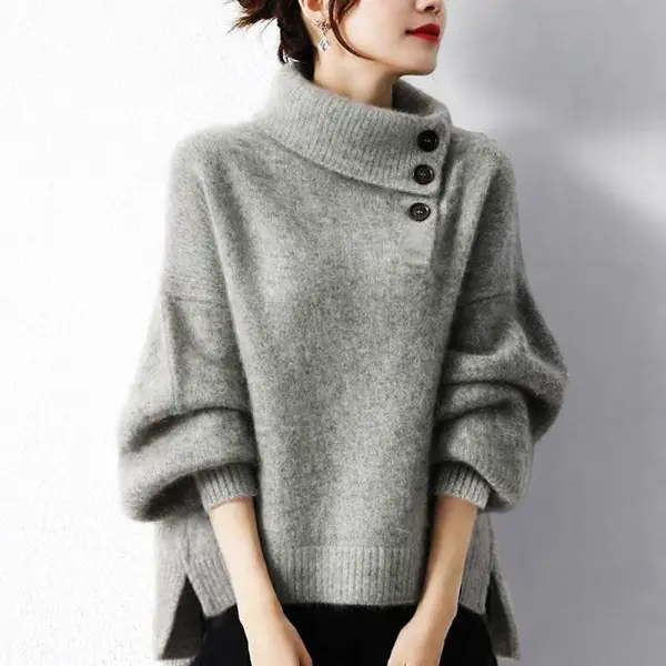 早い者勝ちです! スタンドネック ボタン 無地 イレギュラー 長袖 カジュアル ニットセーター