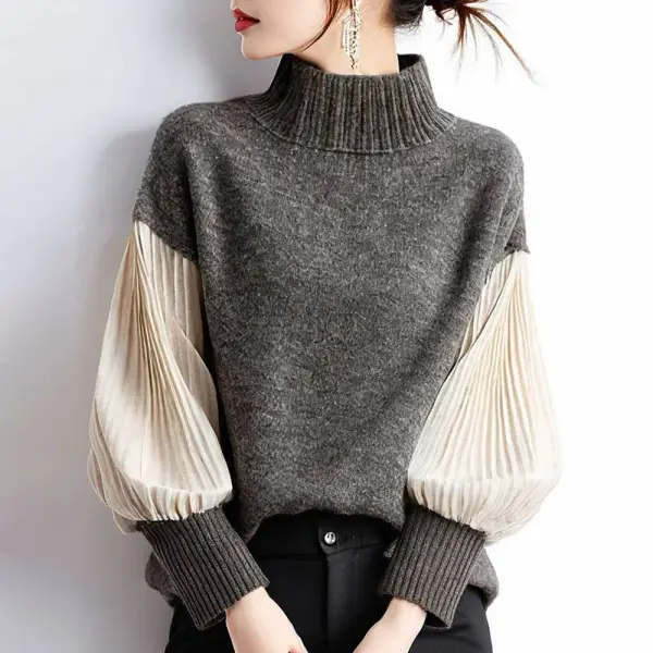 存在感抜群 配色 プリーツ スタンドネック 切り替え 長袖 カジュアル 長袖トップス ニットセーター