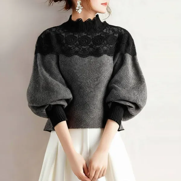 ニットセーター | SNSで話題沸騰 長袖 スタンドネック 切り替え 配色 レース トップス