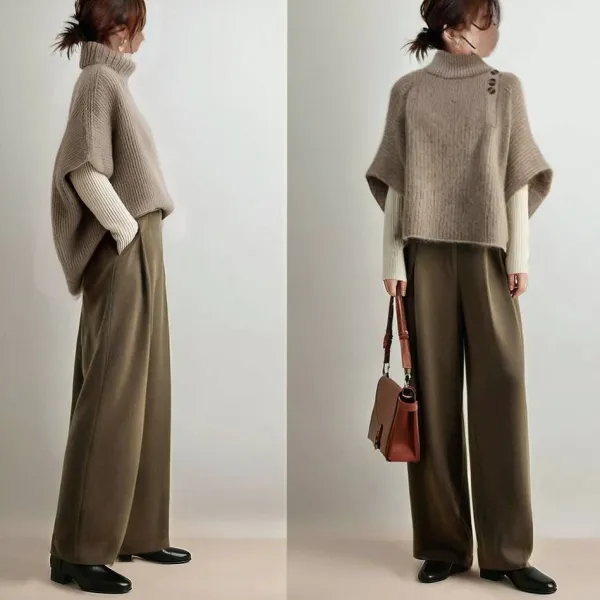 2点セットアップ 新品殺到 ゆったり感 ハイネック ニット 半袖 トップス+ロングパンツ