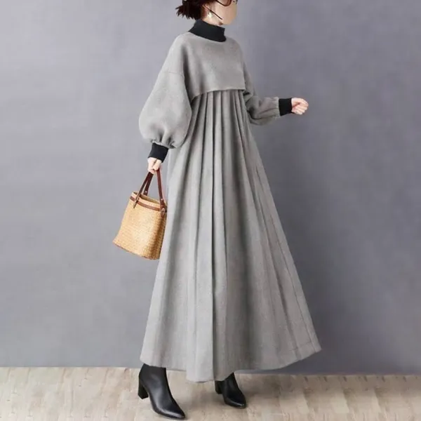 大人のお洒落をキャッチ! 長袖 配色 Aライン プリーツ ランタンスリーブ 韓国系 ニットワンピース