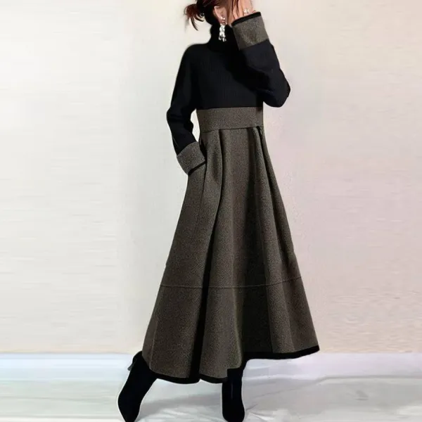 SNSで話題沸騰 配色 ポケット付き 長袖 Aライン 切り替え カジュアル ワンピース