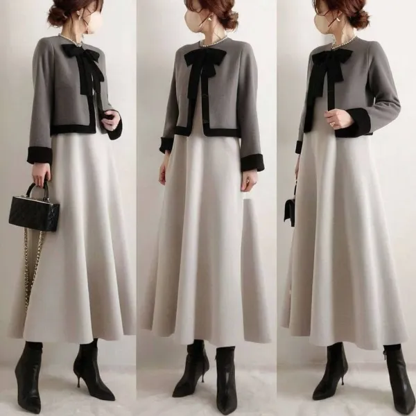 2点セット｜リボン配色カーディガン+カジュアルワンピース無地Aライン｜見逃し厳禁