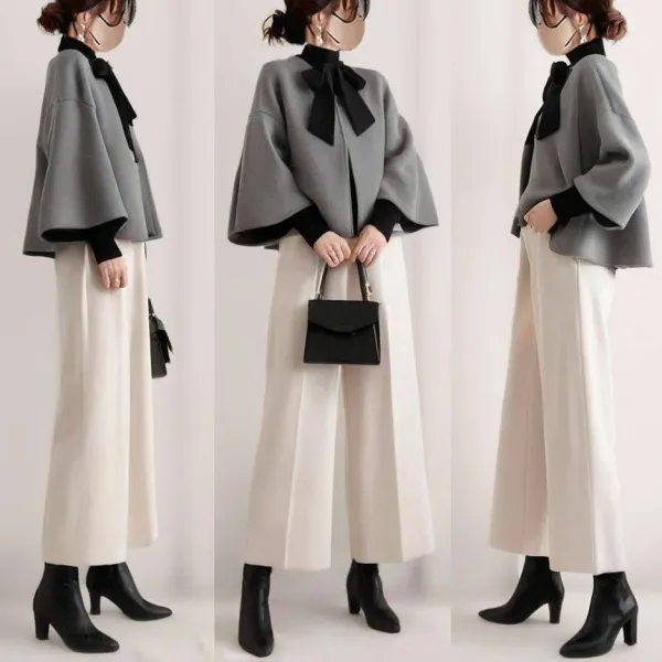 2点セット｜フレア袖リボンカーディガン+ガウチョパンツ無地｜見逃し厳禁