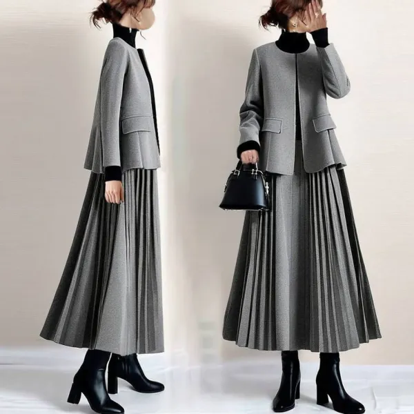 2点セット｜長袖ラウンドネックジャケット+スカート無地プリーツ｜見逃し厳禁