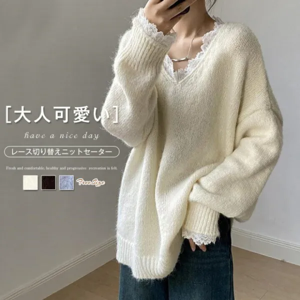 レース切り替え ニットセーター Vネック トップス 長袖 レディース 秋冬 重ね着風 リブニット 重ね着 上品 異素材 ドッキング ニットセーター きれいめ リブ ゆったり 春 秋 冬 オシャレ オフィス 着痩せ 大人 可愛い お出かけ 体型カ 通勤 OL 着痩せ