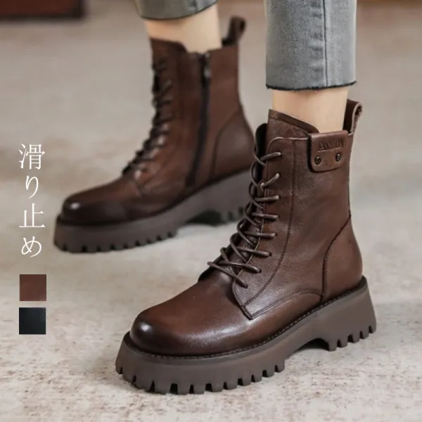 レトロ履き心地抜群トレンド組み合わせ自由編み上げ内側ファスナーブーツブラック黒