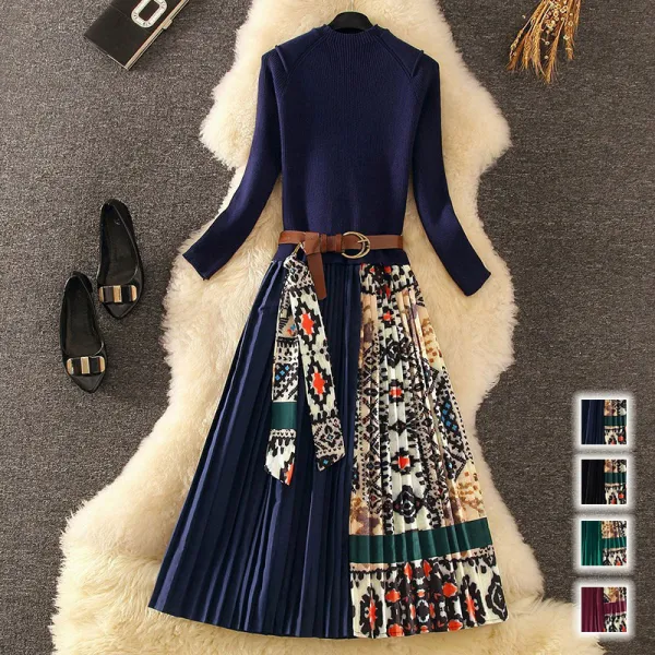 高見えデザインファッションプリント切り替えカジュアルワンピースブラック黒レッドグリーンネイビー