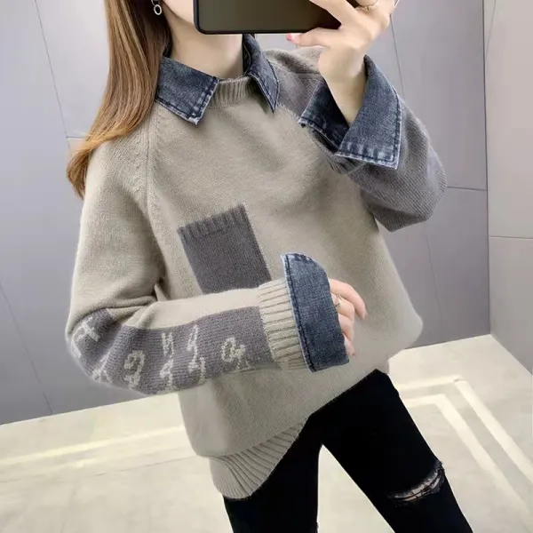 今季トレンド配色折り襟レイヤード重ね着風長袖骨格ナチュラルカジュアルニットセーターブラック黑ホワイト白グレー