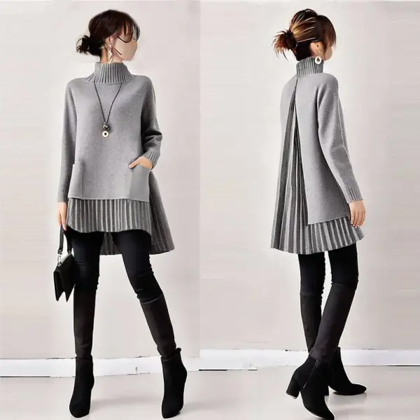 ニットセータープリーツ切り替えポケット付き長袖無地｜上品な可愛