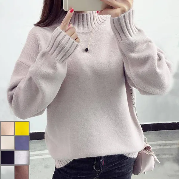 美人度アップシンプル無地プルオーバーニットセーターブラック黒ホワイト白ベージュグレーブルー青イエロー