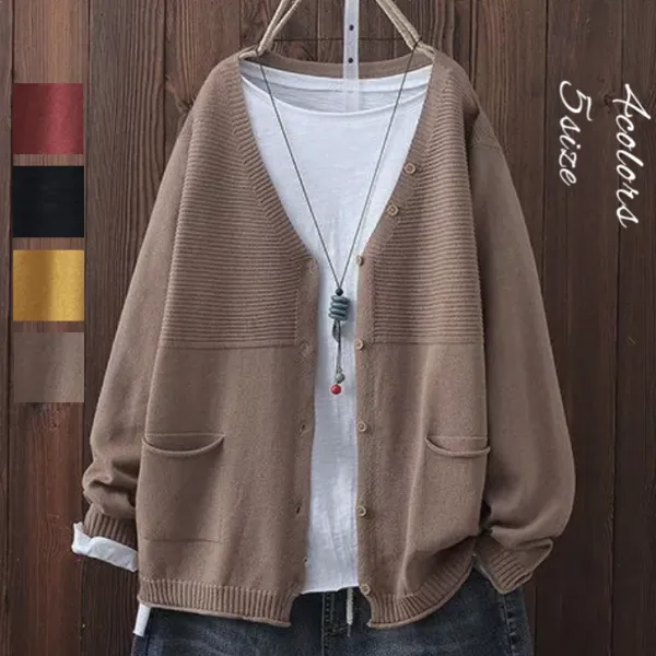 こだわりデザイン森ガールVネックシングルブレストゆったり長袖レディースニットカーディガンブラック黒レッドイエロー