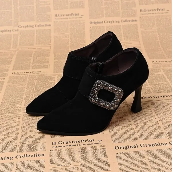 スエード ハイヒール ポインテッドトゥ エレガント ショートブーツ