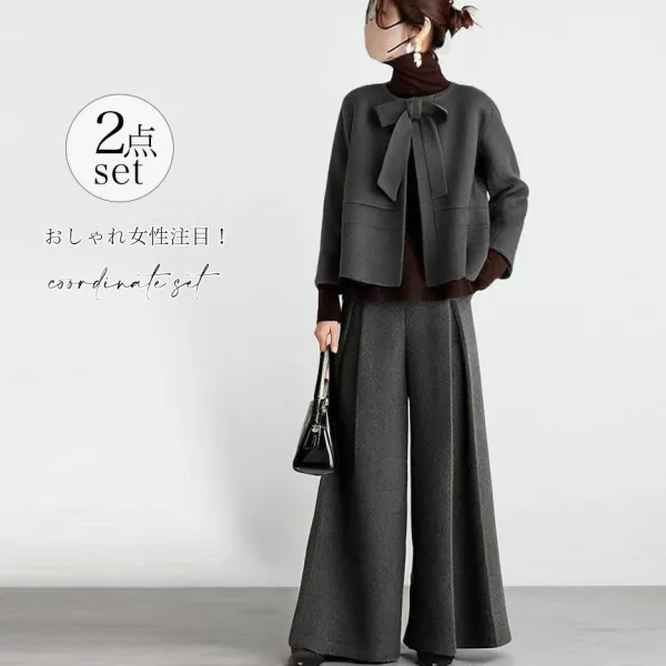 2点セット｜リボン長袖カーディガン+ガウチョパンツ無地｜おしゃれ度高め