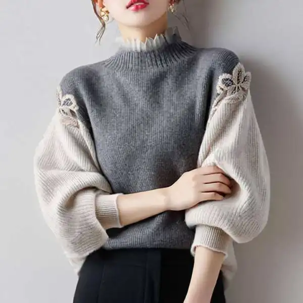 ランタンスリーブ  花柄  ニット  スタンドネック  新作  バイカラー