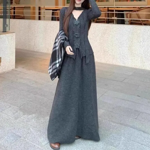 [2点 セットアップ  ]花柄 ニット  ニットトップス  長袖  スリムに見える  ロング  Vネック  ハイウエスト  おしゃれ / ファッション  レディース