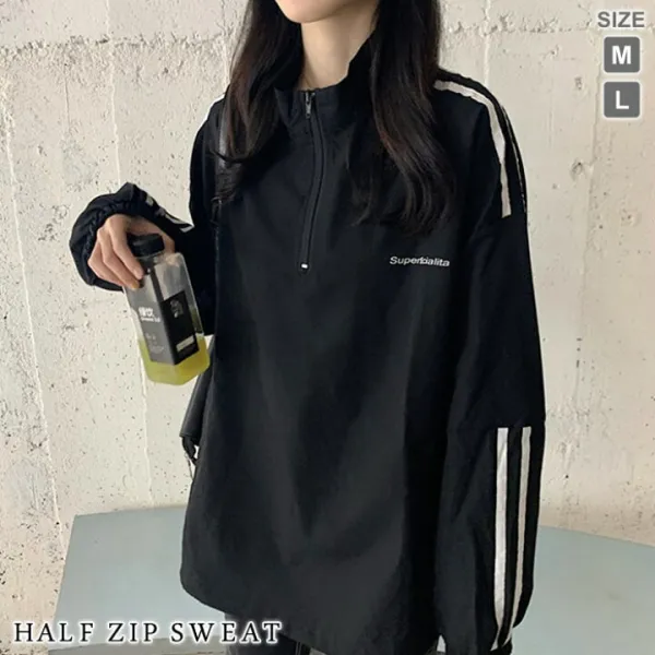 スウェット レディース 長袖 秋 冬 秋冬 黒 トップス カットソー ハーフジップ トレーナー ジップアップ スポーティー ロゴ 無地 きれいめ 長袖スウェット チュニック ブラック ゆったり 大人 通勤 20代 30代 40代 OL ママ 母