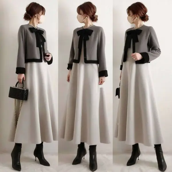 【単品注文】セットアップ 新発売！ 配色 リボン 無地 切り替え 長袖 フェミニン アウター+ワンピース