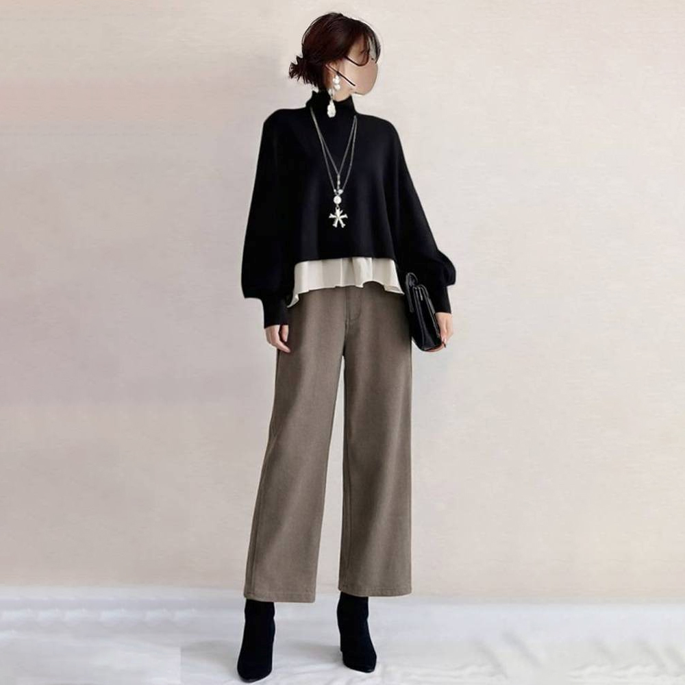 ブラック/トップス+カーキ/パンツ/2点セット