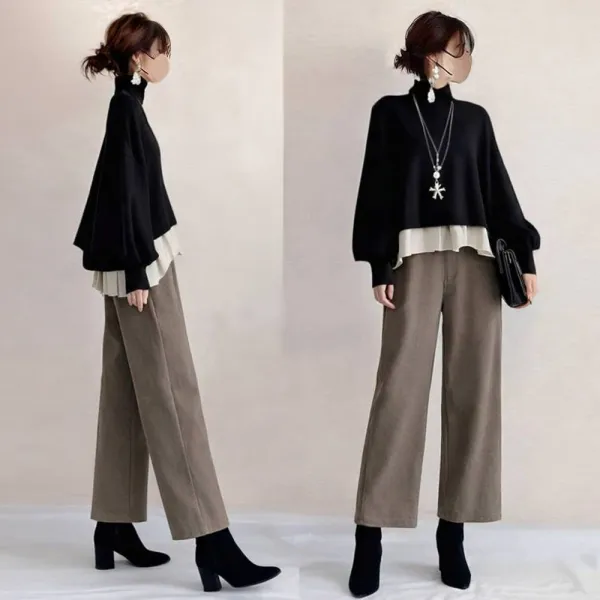 【単品注文】セットアップ SNSで話題沸騰 ハイネック 配色 切り替え 長袖 カジュアル トップス+アンクル丈（9分丈） パンツ