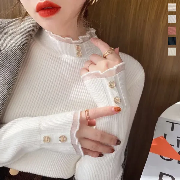 【全5色】ニットセーターハーフネック無地ボタンレース長袖 | 売り切れ必至