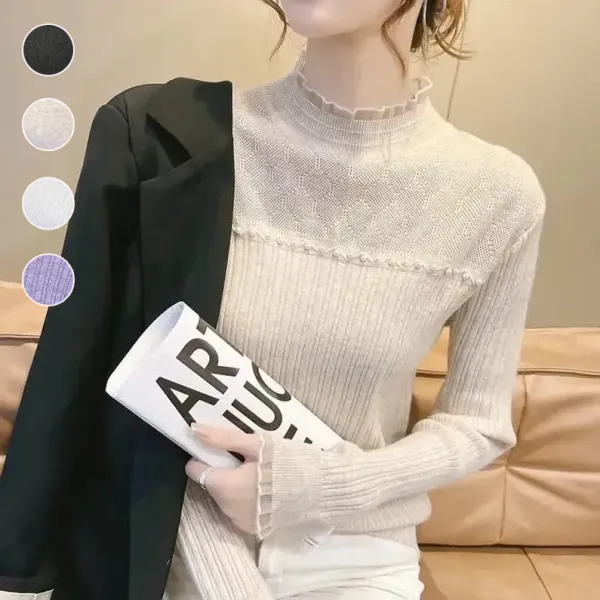 【全4色】ニットセーター無地レース切り替え伸縮性ありハーフネック｜着痩せ