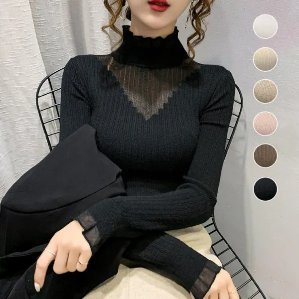 【全6色】ニットセーターハーフネック透かし彫り切り替えレース無地伸縮性あり｜着痩せ防寒