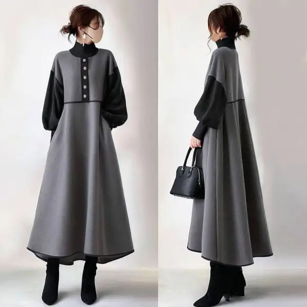 カジュアルワンピース長袖配色ポケット付きランタンスリーブボタン｜上品なシルエッ