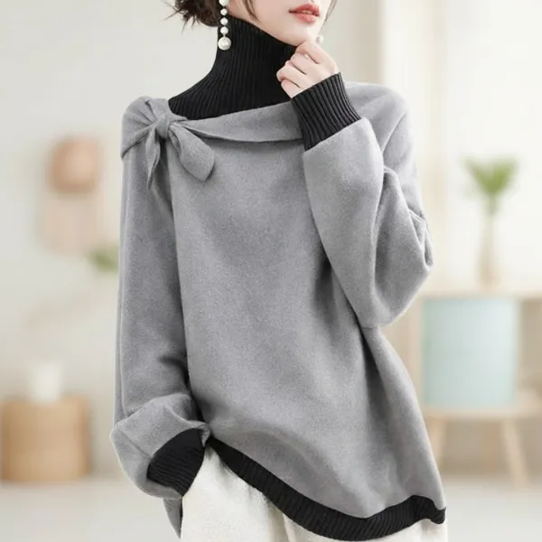 ニットセーターリボン結び長袖配色切り替えハイネック｜見逃し厳禁