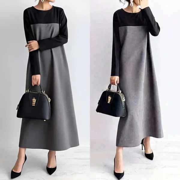 カジュアルワンピース切り替え定番系配色ロングラウンドネック