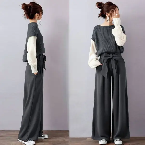 単品可2点セット｜配色ラウンドネックニット+ガウチョパンツ無地ボウタイ｜女っぽさが漂う