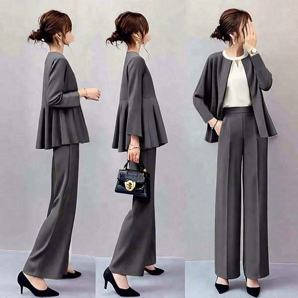 【最終プライス！】仕事/通勤フォーマル【2点SET】ギャザー 大人 女性 ビジネス 長袖 ジャケット+ハイウエスト 無地 パンツセット入学式 入園式 卒業式 卒園式 七五三 結婚式 仕事 ママスーツ