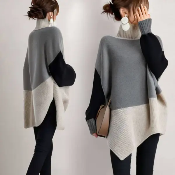 ニットセーター長袖配色スタンドネックプルオーバー｜早い者勝ち