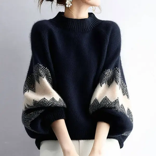 リピー数高 パターン スタンドネック ランタンスリーブ 配色 長袖 ファッション ニットセーター