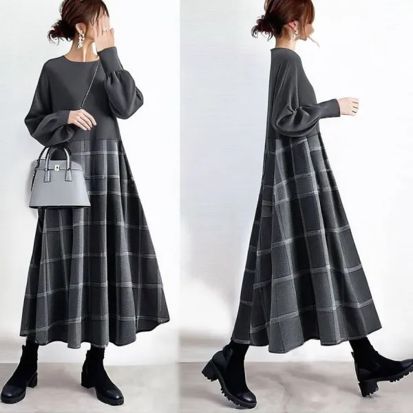 新作 ラウンドネック 切り替え 長袖 Aライン チェック柄 スタイルアップ 大人可愛い ワンピース