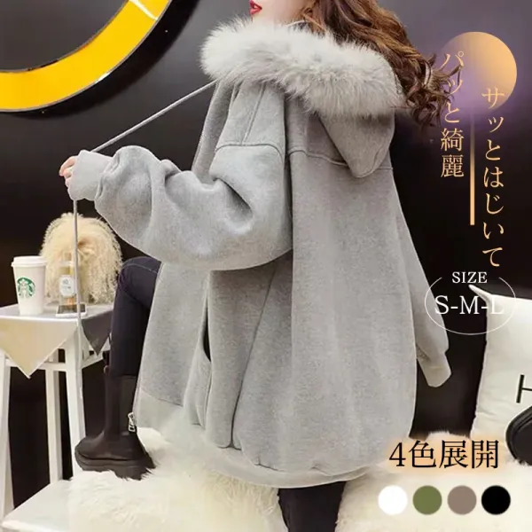 ins超人気カジュアルジッパーフード付き無地切り替え防寒コート