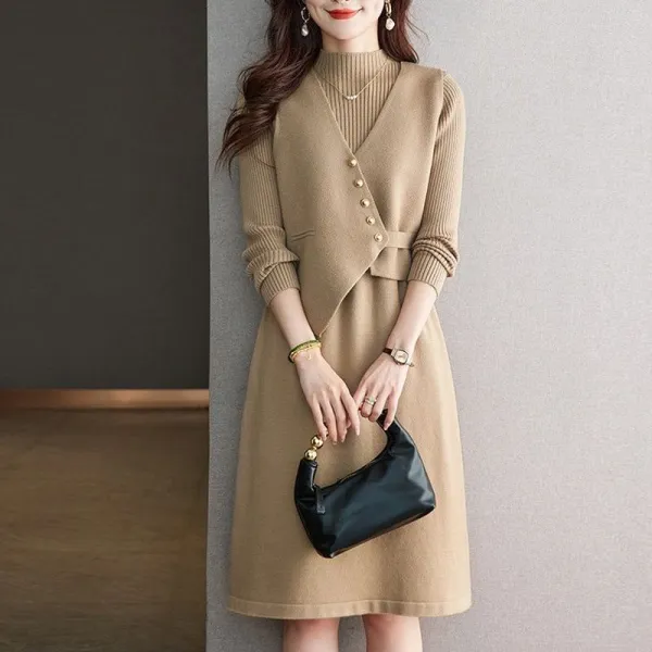 【全4色】ニットワンピースストレート長袖ボタン | 女性に大人気