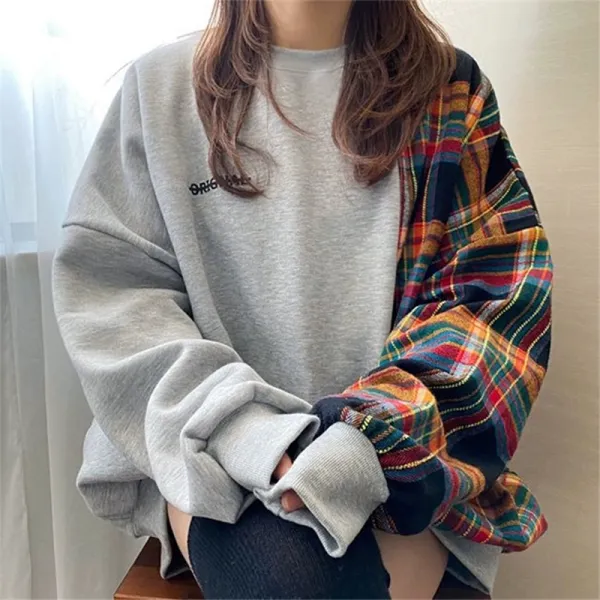 【再入荷】超人気 個性派 配色 切り替え チェック柄 春服 大きめサイズ 大人可愛い パーカー・スウェット