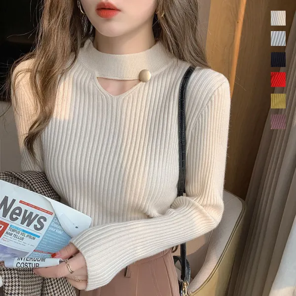 【全6色】ニット無地長袖ハーフネックボタン | 大人可愛い