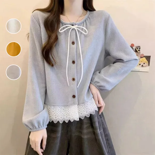 【全3色】シャツブラウス無地切り替えレース｜ゆったり大人