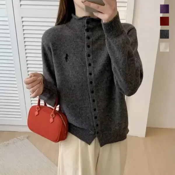 【全4色】カーディガンニットハイネックボタン長袖無地 | ファッション感満々