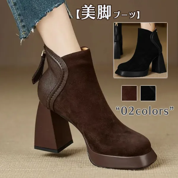 着回し力抜群 レトロ ヌバック 丸トゥ ジッパー ハイヒール ショート丈ブーツ ブラック 黒 ブラック 黒