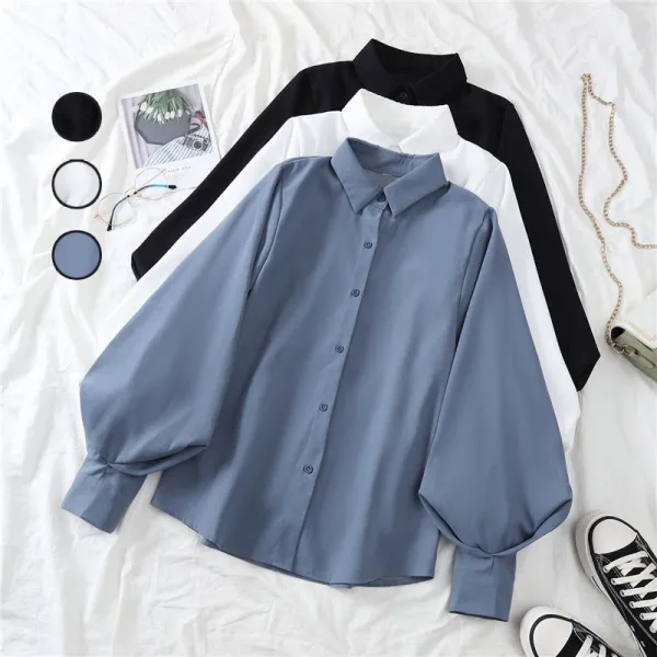 売れ筋 シンプル カジュアル 通勤/OL 無地 定番 シャツ ブラック 黑 ホワイト 白 ブルー 青