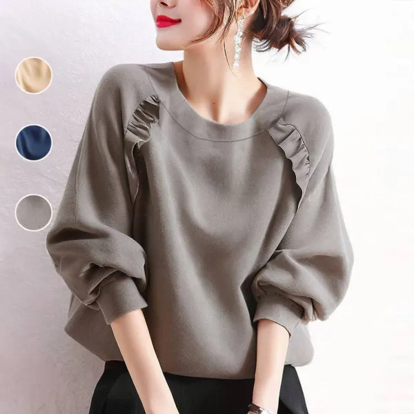 スウェットラウンドネック長袖無地切り替え｜柔らかくて優しい印象