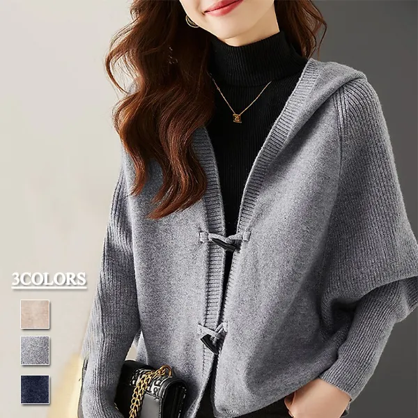 女っぽさが漂う 長袖 無地フード付き カーディガン グレー ネイビー