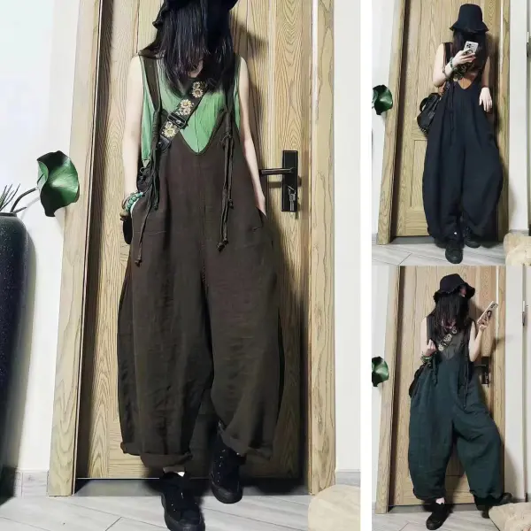 大きめのサイズ感ボウタイ無地ナチュラル3色展開サロペットパンツブラック黒グリーン在庫有り