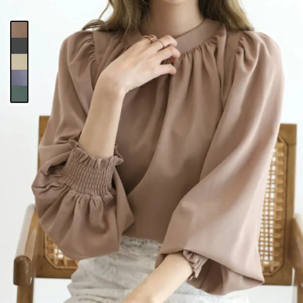 「新感覚」パフスリーブ長袖無地ボウタイギャザーフェミニンシャツブラック黑ホワイト白ベージュブルー青グリーンSALE在庫有り