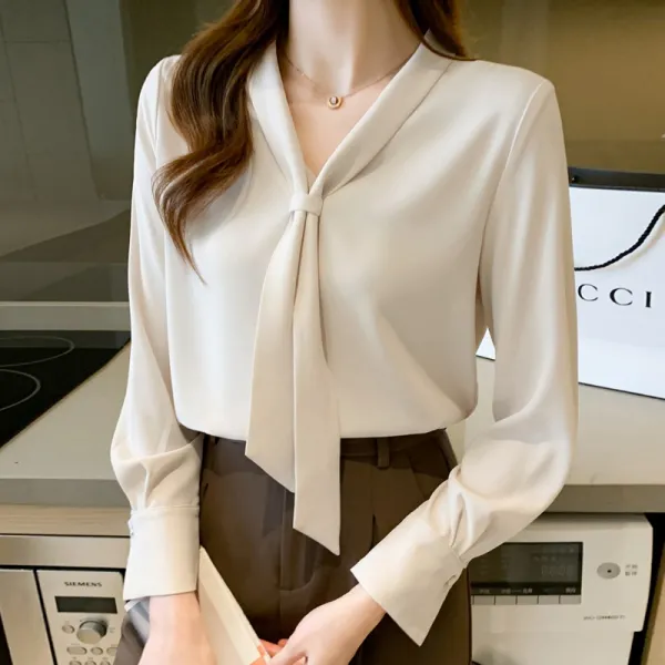 見逃し厳禁無地Vネック長袖ボウタイファッションブラウスホワイト白ベージュSALE在庫有り
