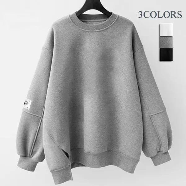 絶対流行長袖ラウンドネック無地スリットパーカーブラック黑ホワイト白グレーSALE在庫有り